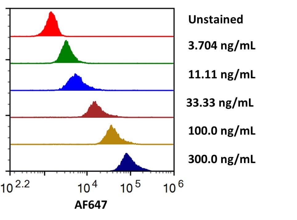 Streptavidin coated beads conjugated to biotinylated Anti-Human B7‑2/CD86 were stained with the indicated concentrations of Recombinant Human B7‑2/CD86 Fc Chimera Alexa Fluor® 647 (Catalog # AFR7625).