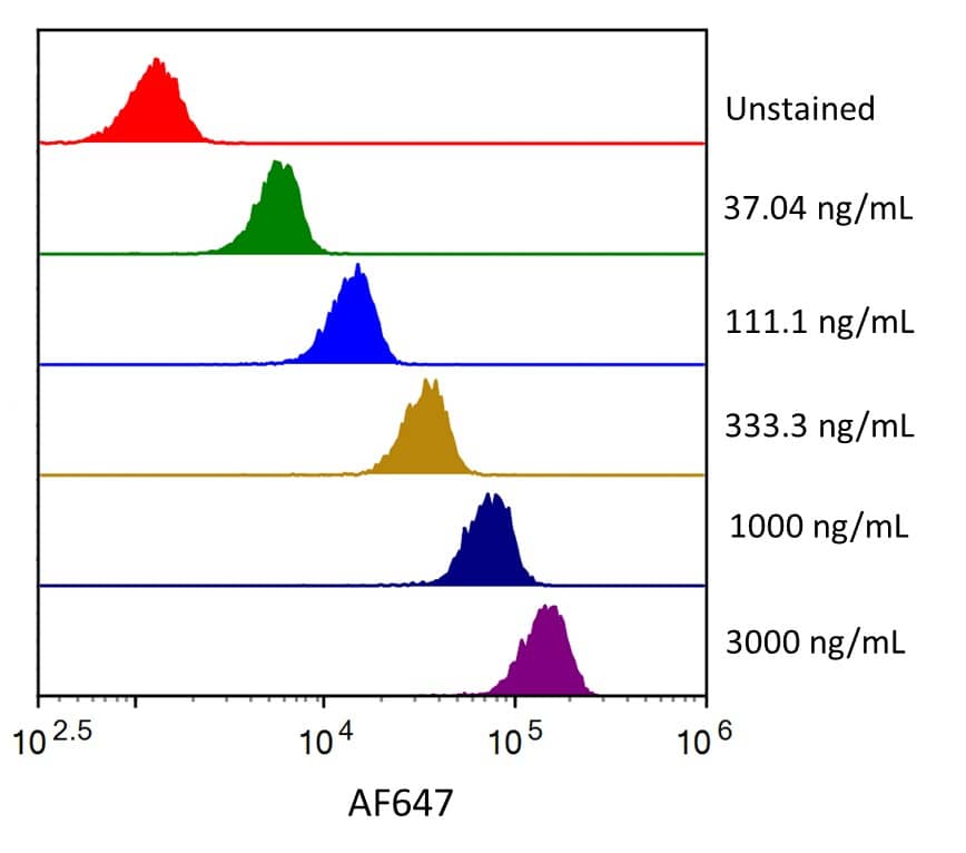 Streptavidin coated beads conjugated to biotinylated anti-human B7‑2/CD86 Monoclonal Antibody were stained with the indicated concentrations of Recombinant Human B7‑2/CD86 His-tag Alexa Fluor® 647 (Catalog # AFR9090). 