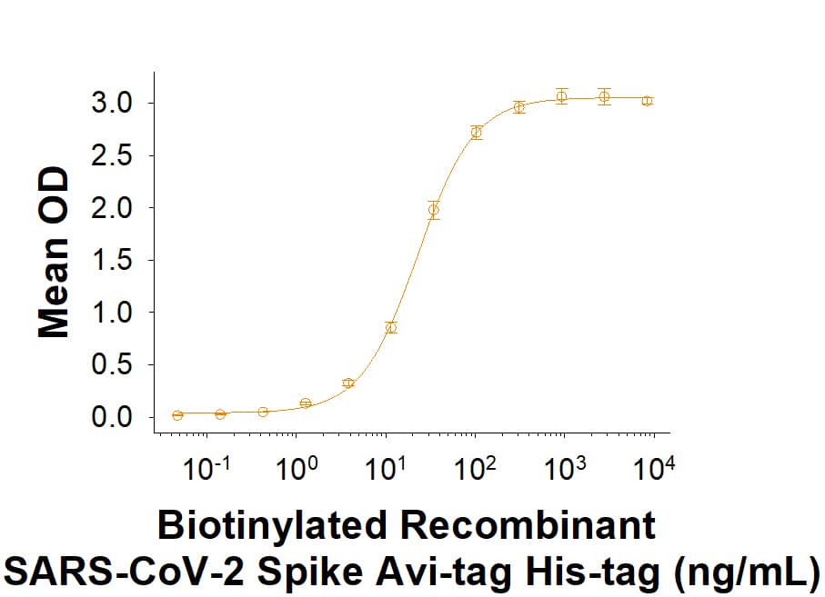 Biotinylated Recombinant SARS-CoV-2 Spike (GCN4-IZ) Avi-tag His-tag (Catalog # AVI10561) binds Recombinant Human ACE-2 Fc Chimera (10544-ZN) in a functional ELISA.