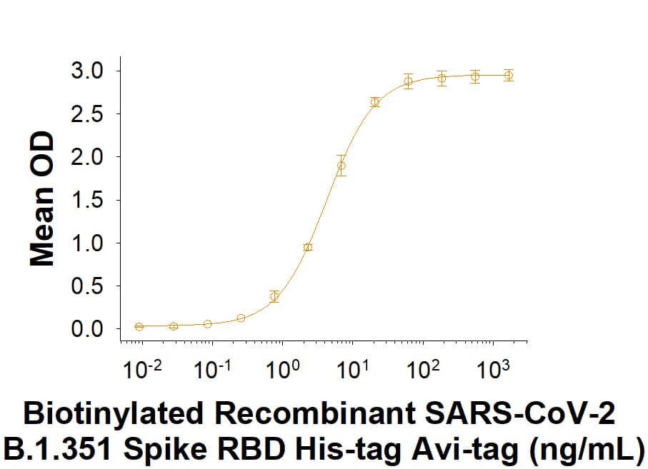 Biotinylated Recombinant SARS-CoV-2 B.1.351 Spike RBD His-tag Avi-tag (Catalog # AVI10735) binds Recombinant Human ACE-2 Fc Chimera (10544-ZN) in a functional ELISA.
