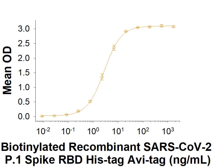Biotinylated Recombinant SARS-CoV-2 P.1 S RBD His-tag Avi-tag Protein (Catalog # AVI10775) binds Recombinant Human ACE-2 Fc Chimera (10544-ZN) in a functional ELISA.