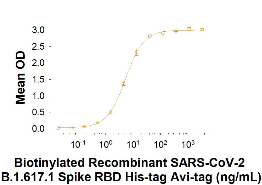 Biotinylated Recombinant SARS-CoV-2 B.1.617.1 Spike RBD His-tag Avi-tag (Catalog # AVI10846) binds Recombinant Human ACE-2 Fc Chimera (Catalog # 10544-ZN) in a functional ELISA.