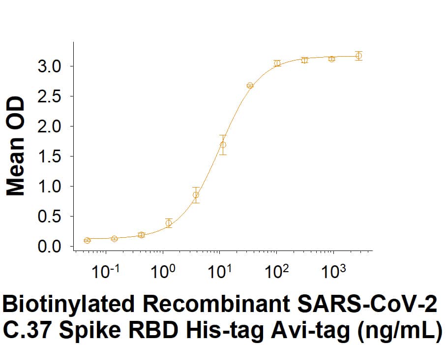 Biotinylated Recombinant SARS-CoV-2 C.37 Spike RBD His-tag Avi-tag (Catalog # AVI10880) binds Recombinant Human ACE-2 Fc Chimera (10544-ZN) in a functional ELISA.