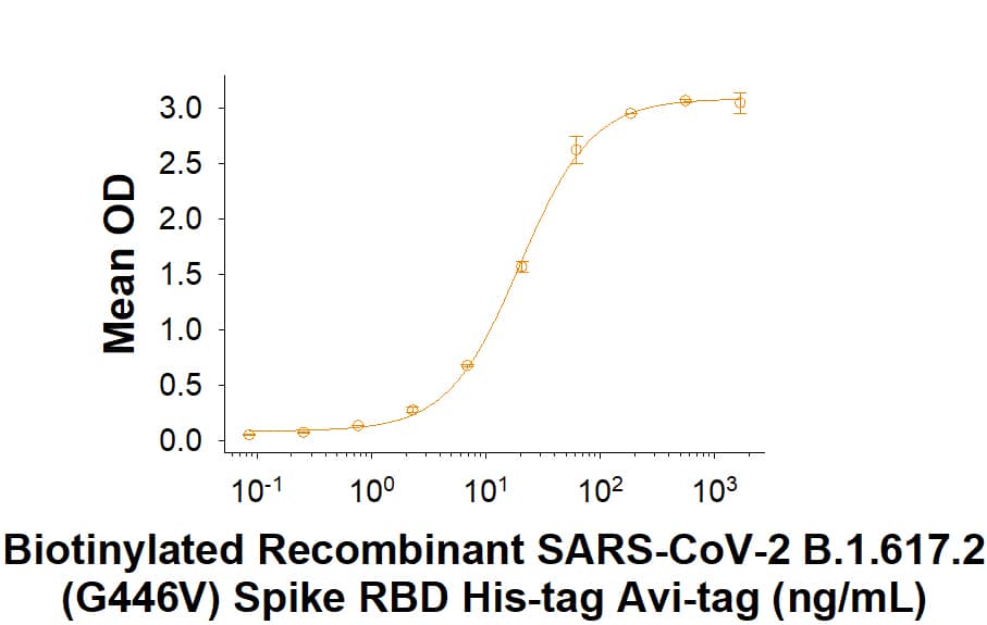 Biotinylated Recombinant SARS-CoV-2 B.1.617.2 (G446V) Spike RBD His-tag Avi-tag (Catalog # AVI10982) binds Recombinant Human ACE-2 Fc Chimera (10544-ZN) in a functional ELISA.