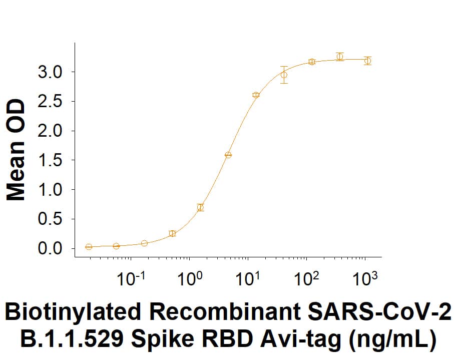 Biotinylated Recombinant SARS-CoV-2 B.1.1.529 Spike RBD His-tag Avi-tag Protein (Catalog # AVI11056) binds Recombinant Human ACE-2 Fc Chimera (10544-ZN) in a functional ELISA.