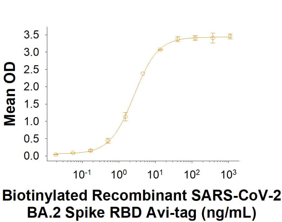 Biotinylated Recombinant SARS-CoV-2 BA.2 Spike RBD His-tag Avi-tag Protein (Catalog # AVI11094) binds Recombinant Human ACE-2 Fc Chimera (10544-ZN) in a functional ELISA.