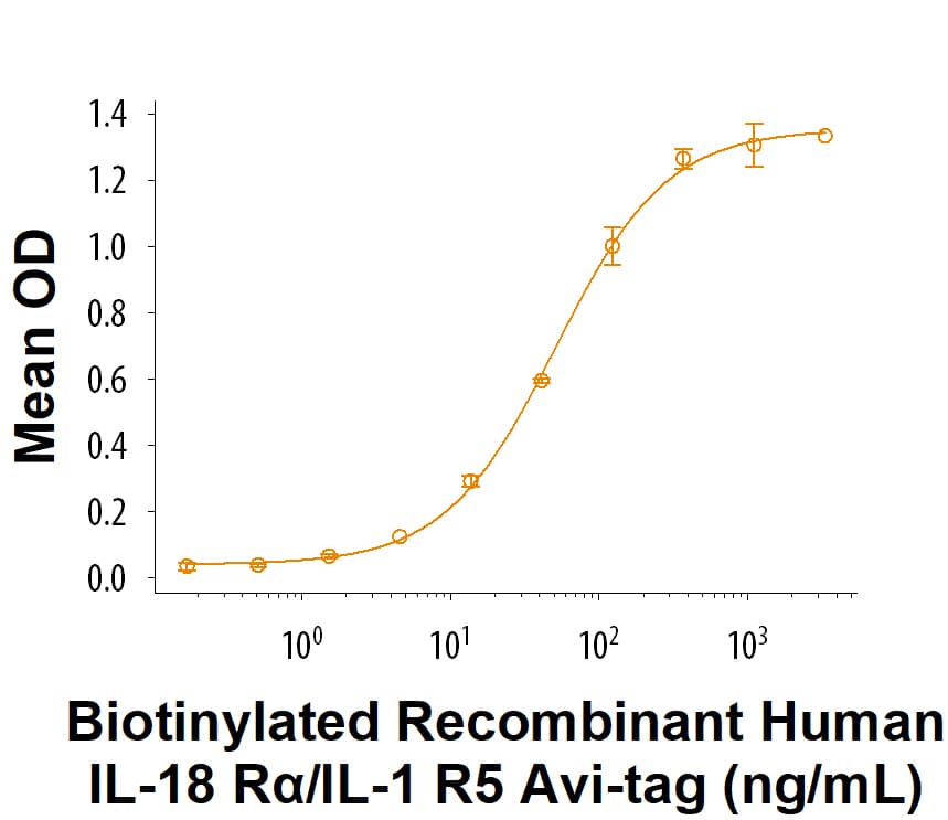Measured by its binding ability in a functional ELISA. When Recombinant Human IL-18 R beta/IL-1 R7 Fc (118-AP) is immobilized at 0.500 µg/mL (100 µL/well), in the present of Recombinant Human IL-18/IL-1F4 (9124-IL), Biotinylated Recombinant Human IL‑18 R alpha/IL‑1 R5 Avi-tag His-tag (Catalog # AVI11179) binds with an ED50 of 20.0-200 ng/mL.