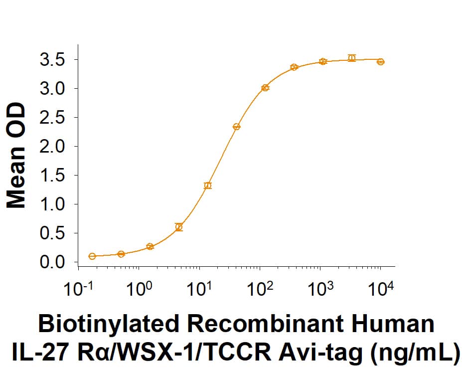 When Recombinant Human IL‑27 (2526-IL/CF) is immobilized at 2 µg/mL (100 µL/well), Biotinylated Recombinant Human IL‑27 R alpha /WSX‑1/TCCR Fc Chimera Avi-tag Protein (Catalog # AVI1479) binds with an ED50 of 5.00-60.0 ng/mL.