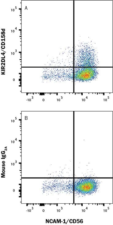 Human peripheral blood mononuclear cell (PBMC) NK cells were expanded with Cloudz Human NK Cell Expansion Kit (CLD004) for 10 days and stained with (A) Mouse Anti-Human KIR2DL4/CD158d PE-conjugated Monoclonal Antibody (Catalog # FAB2238P) or (B) Mouse IgG2A isotype control Antibody (IC003P) and Mouse Anti-Human NCAM-1/CD56 APC-conjugated Monoclonal Antibody (FAB2408A). Staining was performed using our Staining Membrane-associated Proteins protocol. 