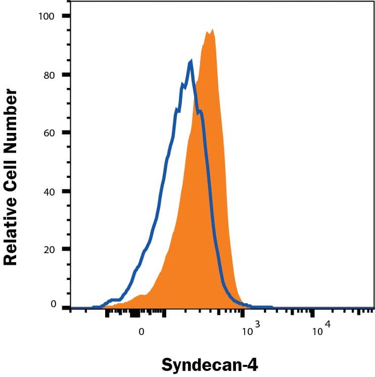 U87MG human glioblastoma cell line was stained with Rat Anti-Human Syndecan-4 APC-conjugated Monoclonal Antibody (Catalog # FAB29181A, filled histogram) or Rat IgG2A Allophycocyanin Isotype Control (IC006A ,open histogram). View our protocol for Staining Membrane-associated Proteins.