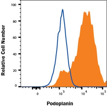 U87MG human glioblastoma cell line was stained with Sheep Anti-Human Podoplanin APC-conjugated Antigen Affinity-purified Polyclonal Antibody (Catalog # FAB3670A, filled histogram) or isotype control antibody (IC016A, open histogram). View our protocol for Staining Membrane-associated Proteins.