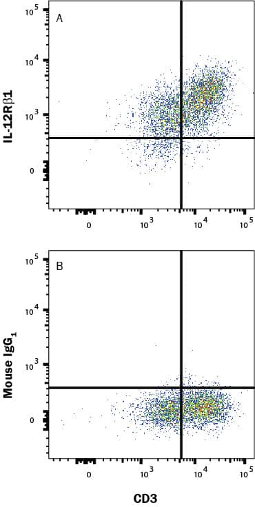 PBMC cells treated with 5ug/ml PHA (Sigma) for 48-72 hours were stained with Mouse Anti-Human CD3 epsilon  PE‑conjugated Monoclonal Antibody (Catalog # FAB100P) and either (A) Mouse Anti-Human IL‑12 R beta 1 APC‑conjugated Monoclonal Antibody (Catalog # FAB839A) or (B) Mouse IgG1 Allophycocyanin Isotype Control (Catalog # IC002A). View our protocol for Staining Membrane-associated Proteins. 