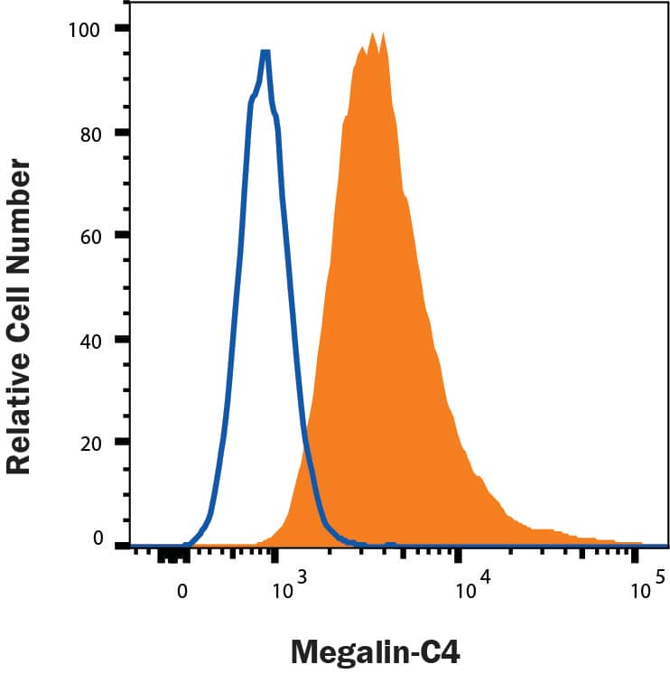 HEK293 cells transfected with Human LRP2 were stained with Mouse Anti-Human Megalin/LRP2 Alexa Fluor® 647‑conjugated Monoclonal Antibody (Catalog # FAB9578R, filled  histogram) or irrelevant HEK293 cells (open histogram). To facilitate intracellular staining, cells were fixed with FC004 and permeabilized with Saponin . View our protocol for Staining Intracellular Molecules.