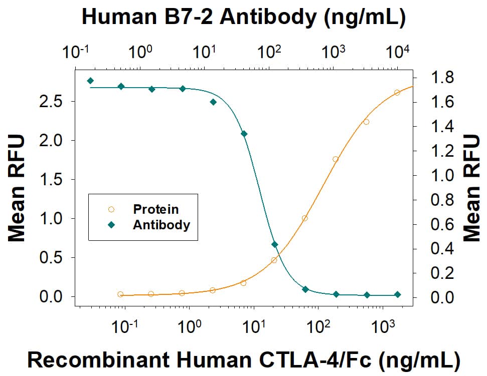 In a functional ELISA binding assay, 15.0-150 ng/mL of this antibody will block 50% of the binding of 200 ng/mL of recombinant human CTLA-4/Fc (7868-CT) to immobilized recombinant human B7-2/His  (9090-B2) coated at 0.5 μg/mL (100 µL/well). At 1.0 μg/mL, this antibody will block >90% of the binding.
