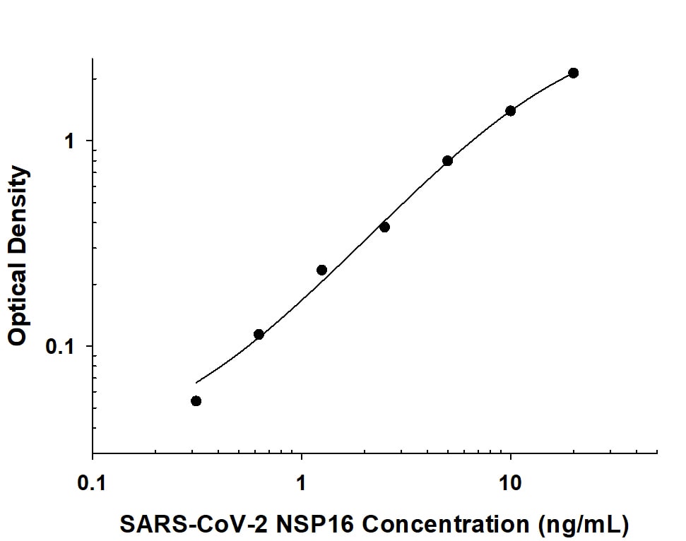 Recombinant SARS-CoV-2 NSP16/NSP10 protein was serially diluted 2-fold and captured by Mouse Anti-SARS-CoV-2 His-tag Complex Monoclonal Antibody (Catalog # MAB10941) coated on a Clear Polystyrene Microplate (Catalog # DY990). Mouse Anti-SARS-CoV-2 NSP16 Monoclonal Antibody (Catalog # MAB10940) was biotinylated and incubated with the protein captured on the plate. Detection of the standard curve was achieved by incubating Streptavidin-HRP (Catalog # DY998) followed by Substrate Solution (Catalog # DY999) and stopping the enzymatic reaction with Stop Solution (Catalog # DY994).