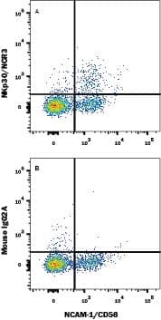 Human peripheral blood lymphocytes were stained with either (A) Mouse Anti-Human NKp30/NCR3 Monoclonal Antibody (Catalog # MAB1849) or (B) Mouse IgG2A Isotype Control (MAB003) followed by anti-Mouse IgG APC-conjugated secondary antibody (F0101B) and Mouse Anti-Human NCAM-1/CD56 PE-conjugated Monoclonal Antibody (FAB2408P). Staining was performed using our Staining Membrane-associated Proteins protocol.