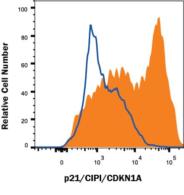 MCF-7 human breast cancer cell line either treated with 1 µM camptothecin (CPT) for 16 hours (filled histogram) or untreated (open histogram) was stained with Alexa Fluor® 647-conjugated Mouse Anti-Human p21/CIP1/CDKN1A Monoclonal Antibody (Catalog # IC1047R). To facilitate intracellular staining, cells were fixed with Flow Cytometry Fixation Buffer (Catalog # FC004) and permeabilized with Flow Cytometry Permeabilization/Wash Buffer I (Catalog # FC005). View our protocol for Staining Intracellular Molecules.