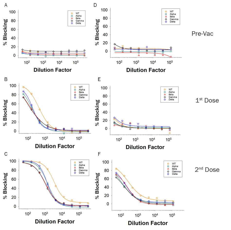 Serological samples were collected from two donors over a time course consisting Pre-Vaccination (Pre-Vac), or after receiving the 1st Dose or 2nd Dose of the Moderna Vaccine. Donor 1 (A-C) and Donor 2 (D-F) had different blocking antibody levels after the first and second doses. In addition, increasing amounts of blocking antibodies were present at higher samples Dilution Factors after each dose. The differences in blocking efficiency of ACE-2 association between the WT, Alpha, Beta, Gamma, or Delta variant Spike RBD was measured.